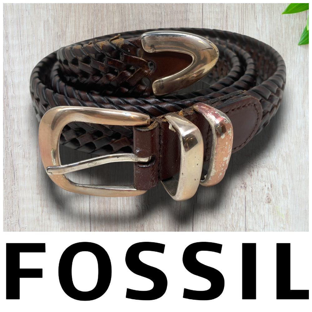 Fossil Sz 40 Dark Brown Woven Genuine Leather Dress Belt READ